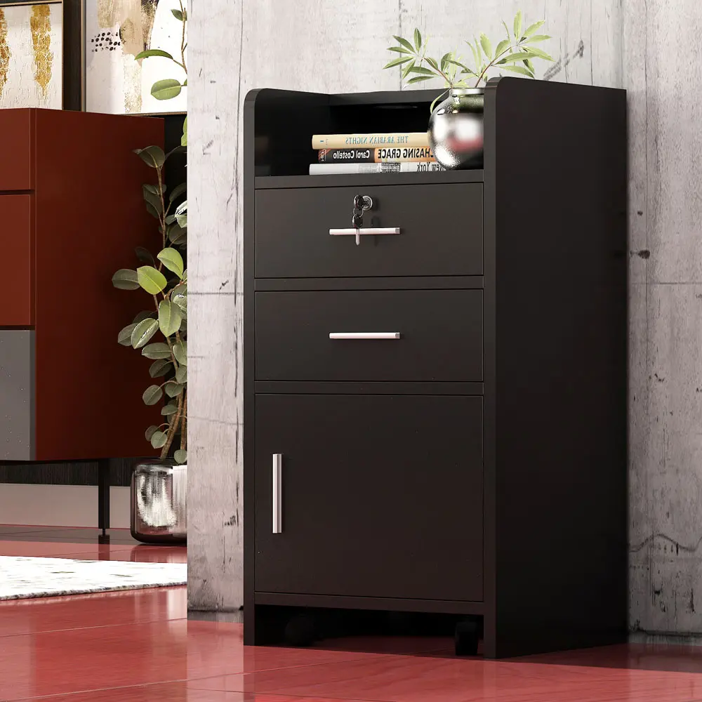 Black 3-Layer Rolling Modern MDF+ABS Spa Salon Storage Trolley Cabinet, Lockable Security Drawer, Open Display Shelf, Closed Storage Compartment, Mobile Beauty Equipment Cart with Casters for Hair Stylists