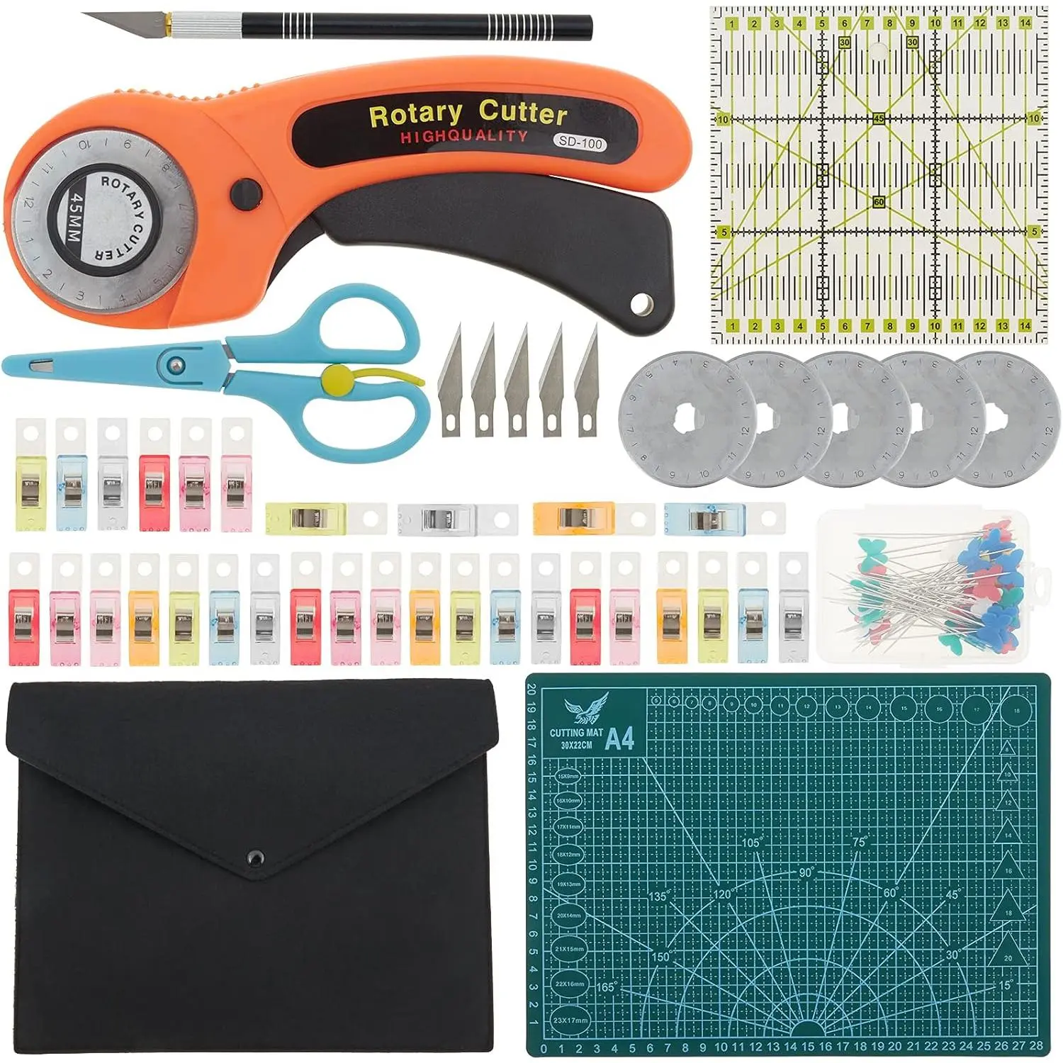 Rotary  Set, 96 count Quilting Kit 45mm Fabric Cutters Kit with 5 Extra  A4  Mat  Ruler Carving  Craft Clips Bags Full Tools for Crafting Sewing Patchworking