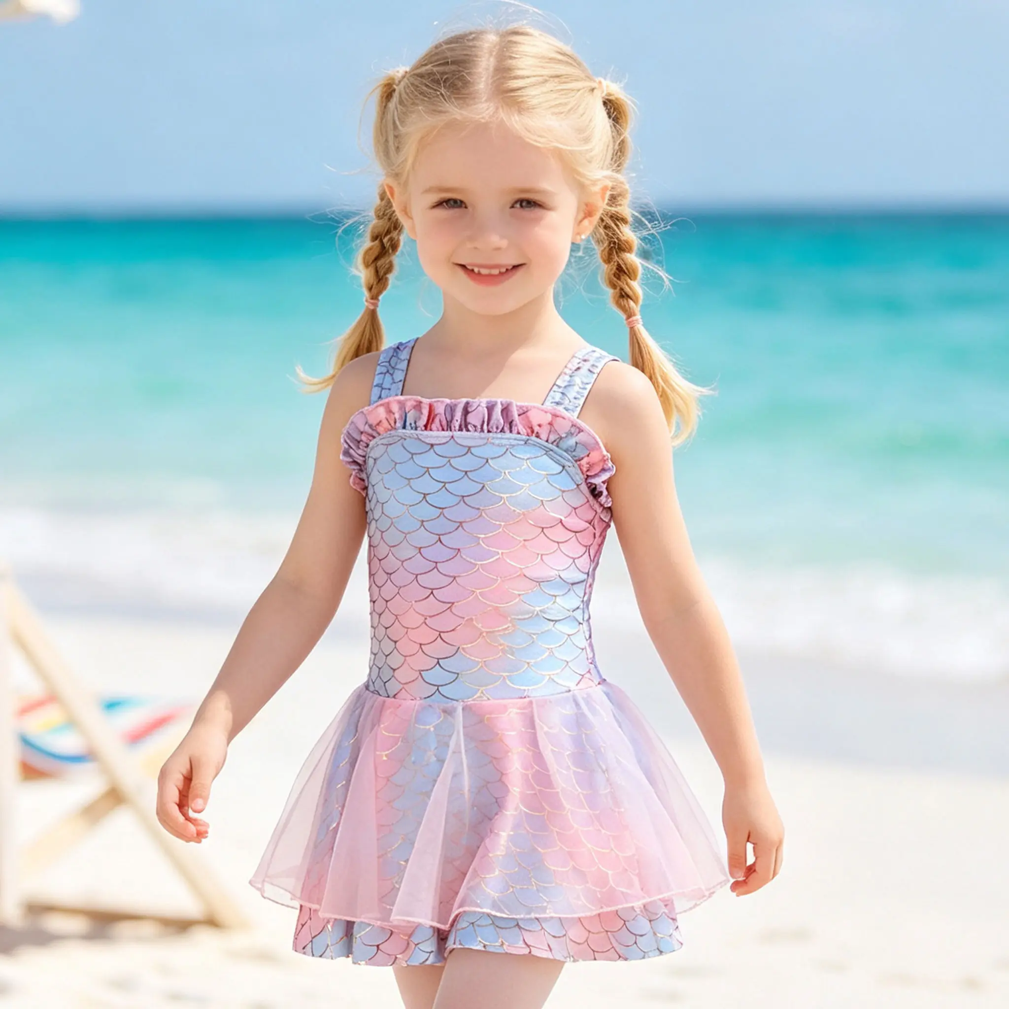 Toddler Girls' Rainbow Mermaid Tutu 1-Piece Swimsuit with Free Matching Swim Cap, Elastane Beachwear with Slight Stretch for Beach Pool Use, Kids' Non-Restrictive Swimwear