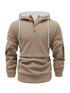 Men's solid color hoodie with texture, basic spliced color elbow patch design casual long sleeve top, men's autumn and winter hoodie, mens clothing, sports apparel, Fitted