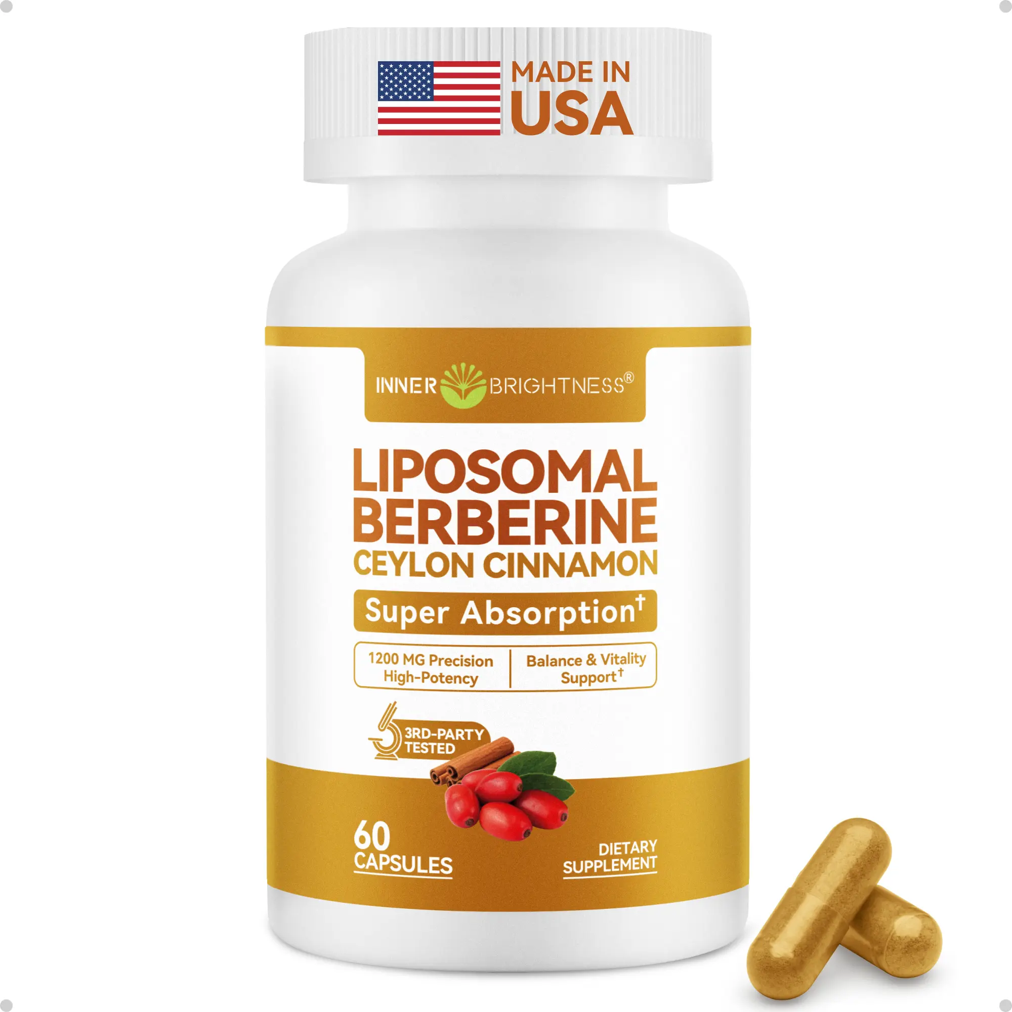 Liposomal Berberine with Ceylon Cinnamon 1200MG, INNER BRIGHTNESS High-Absorption Berberine Supplement, Natural Balance Support - Non-GMO, 60 Veg Capsules, Made in USA, 3rd-party Tested Fitness Glucose Handling, Liposomal Technology, Dietary