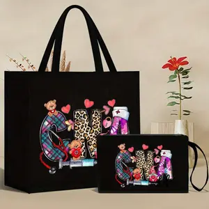 Fashion Cna Print Handbag Set with Makeup Bag, Large Capacity Travel Storage Bag, Commuter Shoulder Bag, Durable Fixed Strap