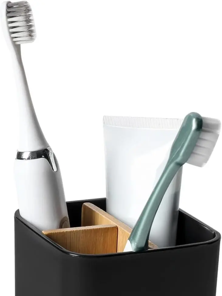 Bamboo Toothbrush Holder for Bathrooms, 3 Slots Toothbrush and Toothpaste Holder Bathroom Counter Organizer for Electric Toothbrushes, Floss, Razors - Black