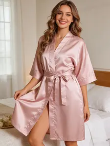 Women's Satin Sleepwear Set, Loose Fit Sexy Design, Plain Pattern, Soft & Comfortable Pajama Suit, Ideal for Home Use