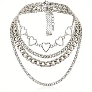 Punk Link Chain Choker Necklace Set 4pcs Hollow Heart Choker Chunky Chain for Women