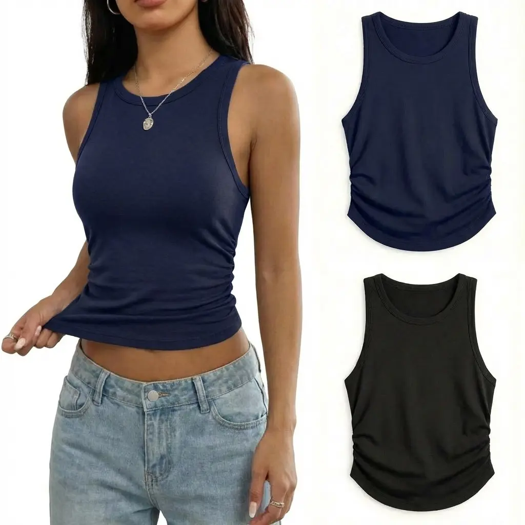 Styleani Women’s 2-Pack Crew Neck Sleeveless Ribbed Tank Top Basic Seamless w/ Side Ruching – Stretch Athletic top for Tennis, Pickleball, Yoga & Everyday Essentials
