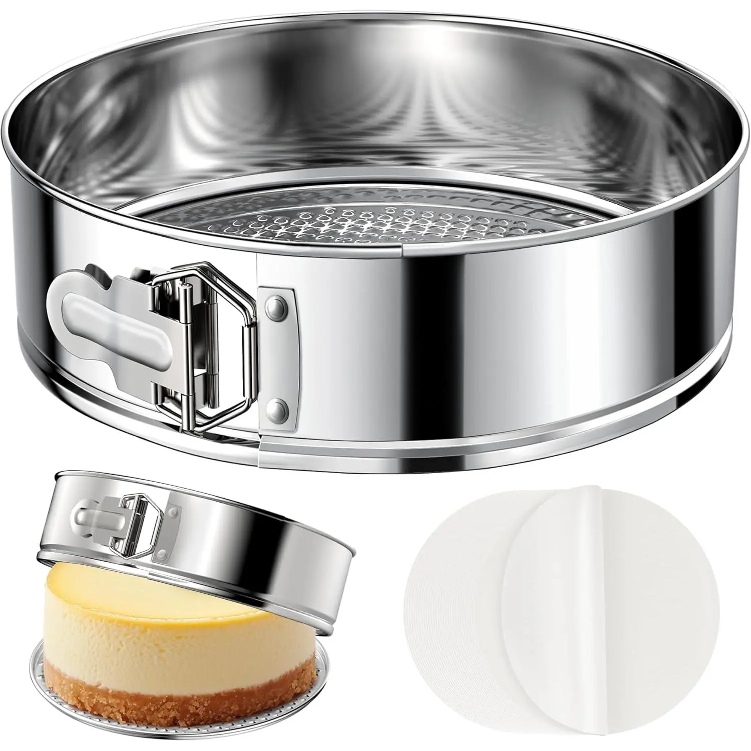 9 Inch 304 Stainless Steel Springform Pan with Removable Bottom, Nonstick Round Spring Form Cheesecake Pan with 30 count  Paper Liners