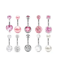 10pcs/set Elegant Rhinestone Heart Decor Belly Button Ring, Trendy Women Belly Piercing Body Jewelry, Classic Fashion Accessories for Daily Wear, Valentine's Day Gift, Body Piercings Set