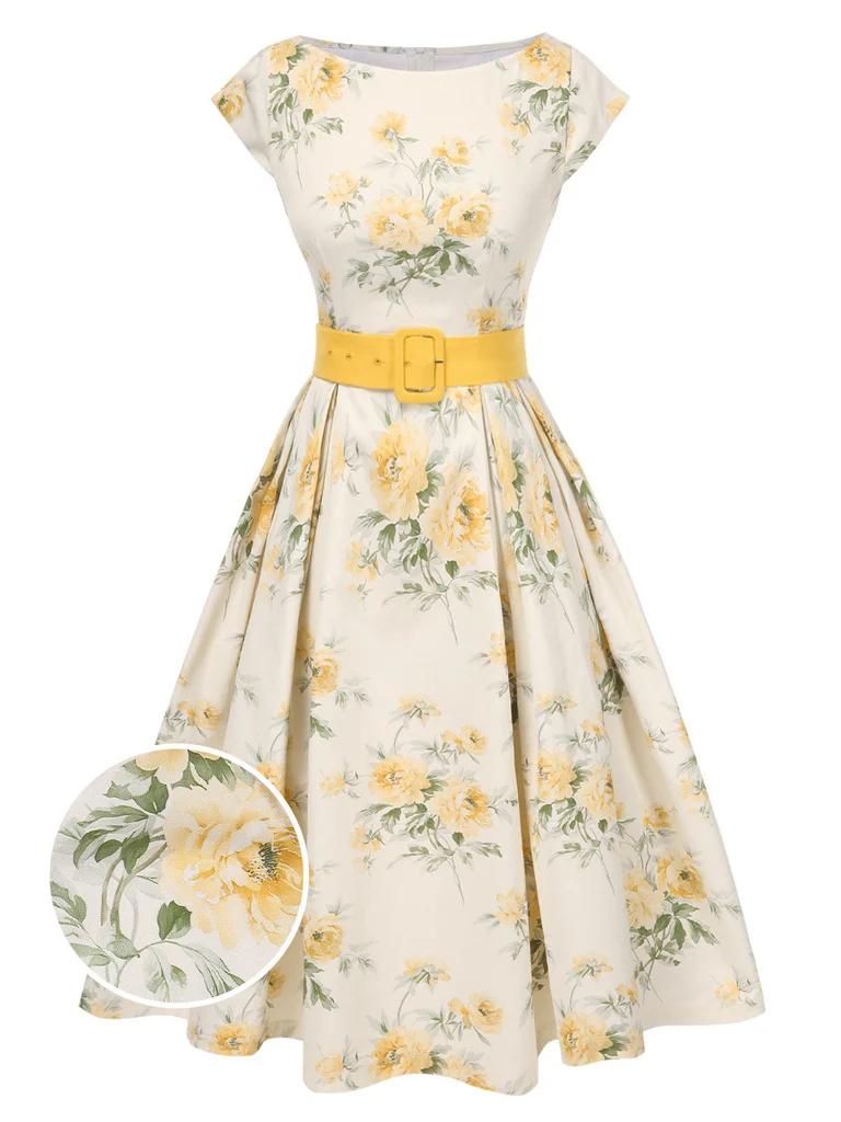 Yellow 1950s Boat Neck Antique Floral Dress Spring Vacation Womenswear Fitted Casual Sleeveless