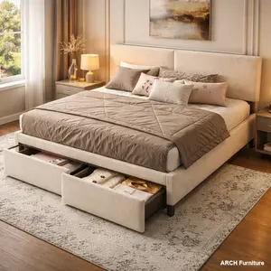 Twin Size Mid-Century Boucle Fabric Upholstered Cloud Bed Frame - Tufted Arch Headboard, 2 Storage Drawers, LED Lights, USB Charge Port, 1200lb Weight Capacity, Solid Wood Legs & Slats, No Box Spring Needed, Beige