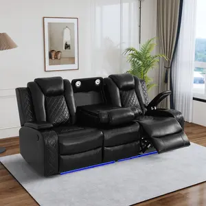 Luxury Black Leather 3-Person Recliner Sofa with LED Lighting and Massage Features for Home Theater. outdoorfun