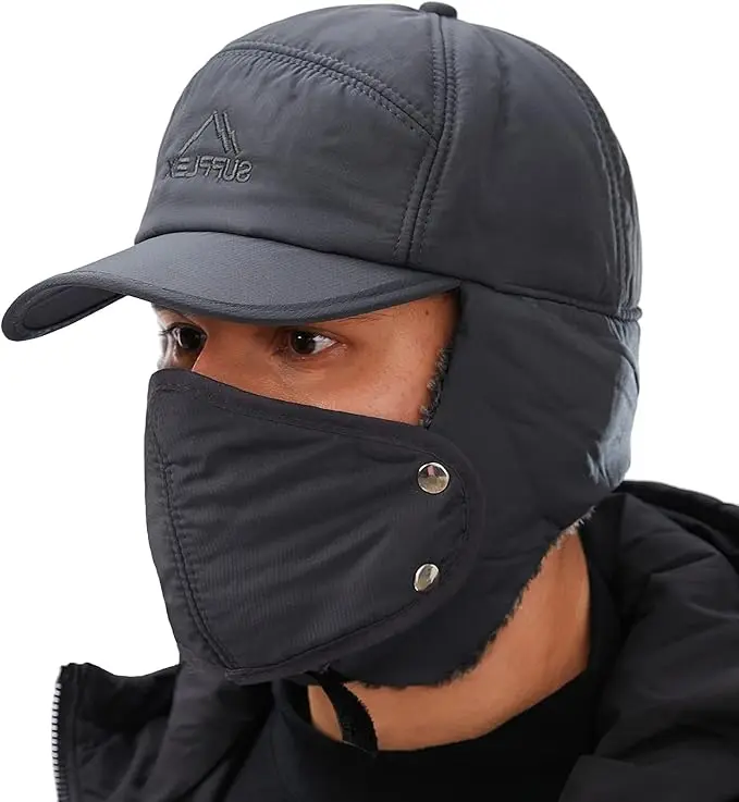Mens Winter Windproof Warm Hat with Ear Flap Black Cold Weather Skiing Hunting Fishing Gifts Trapper Hats for Men Women neck warmth windproof winter hat
