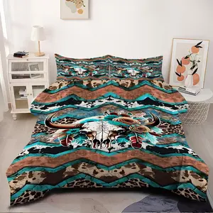 2/3pcs Beautiful Comforter Set - Bohemian Southwestern Comforter Set, Western Bull Skull Floral Print Bedding Set with Vibrant Chevron Accents, Distinctive Patterns, Unique Tribal Style Bedspread Set for Modern Home Aesthetic Pillow insert not included