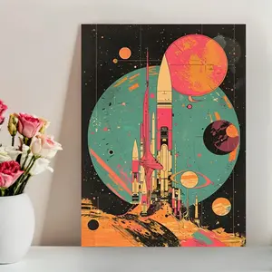 Vintage Space Exploration Canvas Art - Frameless Wall Decor with Vibrant Planets & Rockets, Retro Sci-Fi Design for Living Room, Bedroom, Office, or Bar, Perfect Gift, 12"x16, Moon Decor, 2D Flat, Perfect for Room Decor