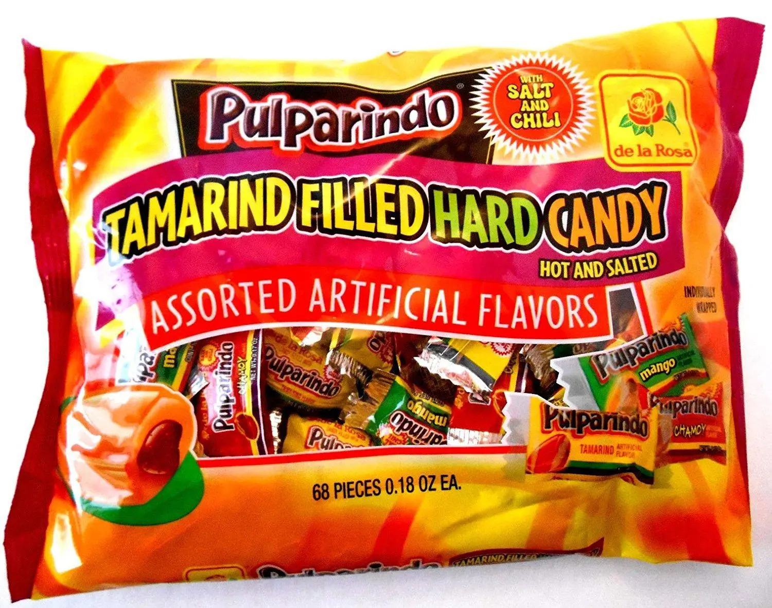 Pulparindo Tamarind-Filled Hard Candies - 68 Pieces, Assorted Artificial Flavors, Hot & Salted, 0.79 lb Tangy Bag, Corn-Free Fruit Snack Sweet Treat
