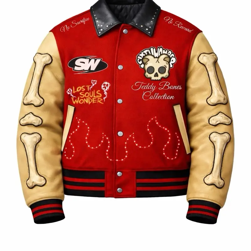 6thwonder clothing Men's Original Embroidered Long-Sleeve Varsity Jacket, Teddy Bones Lost Souls Design, Menswear Tops
