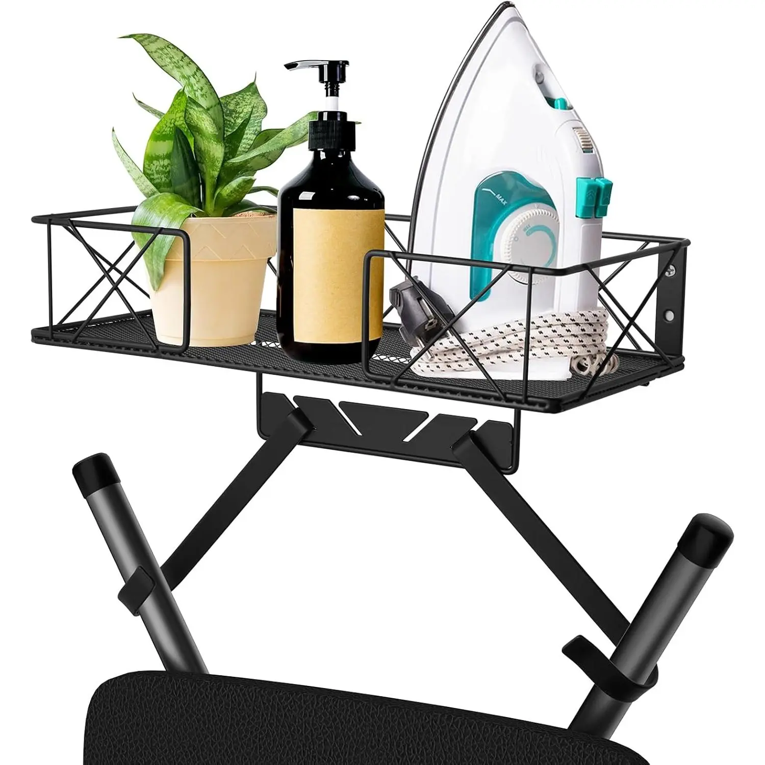 Wall-Mount Ironing Board Hanger with Large Grid Base Basket, Adjustable Hooks & Fully Assembled Design - Easy to Install Laundry Room Organization Decor for Laundry, Living Room, Bathroom, 40Lb, Space-Saver