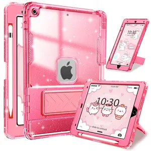 INFILAND Case for iPad 9th/8th/7th Generation 2021/2020/2019 10.2 inch Glitter Clear, Shockproof Protective Cute iPad 7/8/9 Gen Cover with Stand, Pencil Holder for Kids, Girls, Women