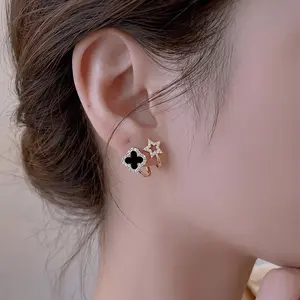 14K Gold Plated Lucky Four-leaf Clover Star Stud Earrings, Four Leaf Cubic Zirconia Jewelry,Elegant Earrings For Women Mothersdaygift