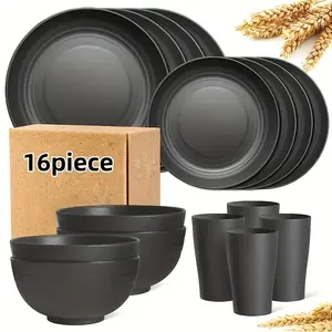 16-Piece Durable Fixed Unbreakable Dinner Plates Wheat Straw Tableware Set Microwave and Dishwasher Safe Durable Tableware Black Set Includes 8 Dinner Plates 4 Bowls 4 Cups Suitable for Family Gatherings Birthday Parties Camping