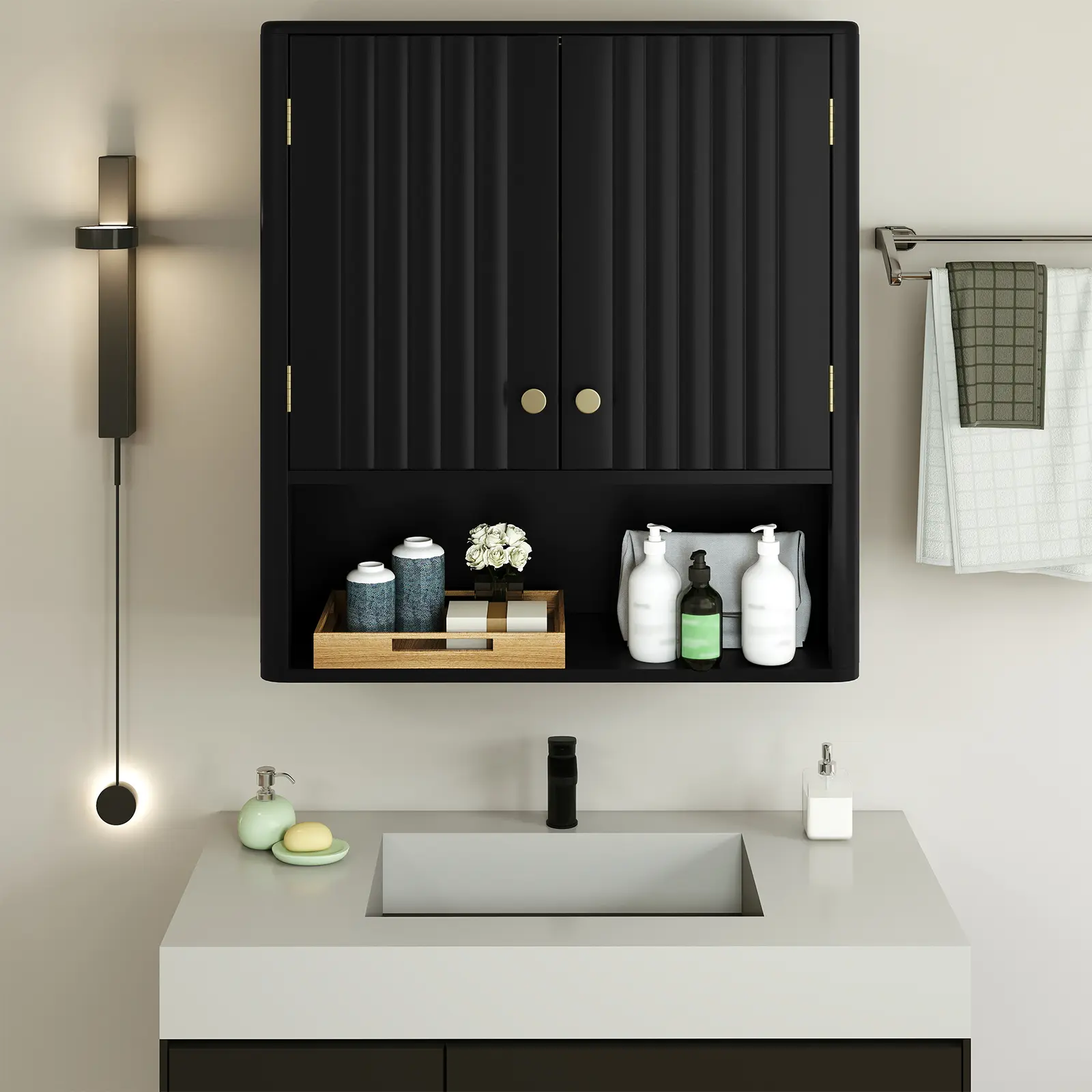 COSTWAY - Fluted Bathroom Wall Cabinet with Open Shelf-Black