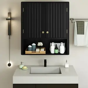 COSTWAY - Fluted Bathroom Wall Cabinet with Open Shelf-Black