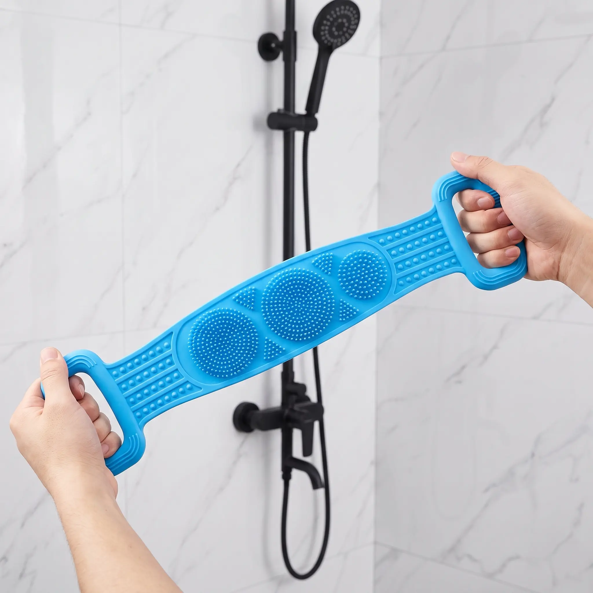 Silicone Back Scrubber with Long Handle, Blue & Pink Body Exfoliating Tool for Gentle Shower Cleaning