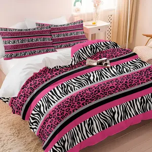 2/3Pcs Pink Leopard & Zebra Print Duvet Cover Set No Filler, Bold Animal Stripe Comforter Cover Bedding Set, Glam Y2K Style Bedding for Teen Girls Adults Bedroom, Vibrant Trendy Home Decor, Striped Bedding Set