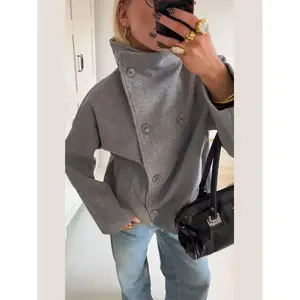 Women’s Solid Turtleneck Double-Breasted Pocket Coat, Casual Loose Fit, Full Sleeves, 2025 Autumn Office Lady Jacket