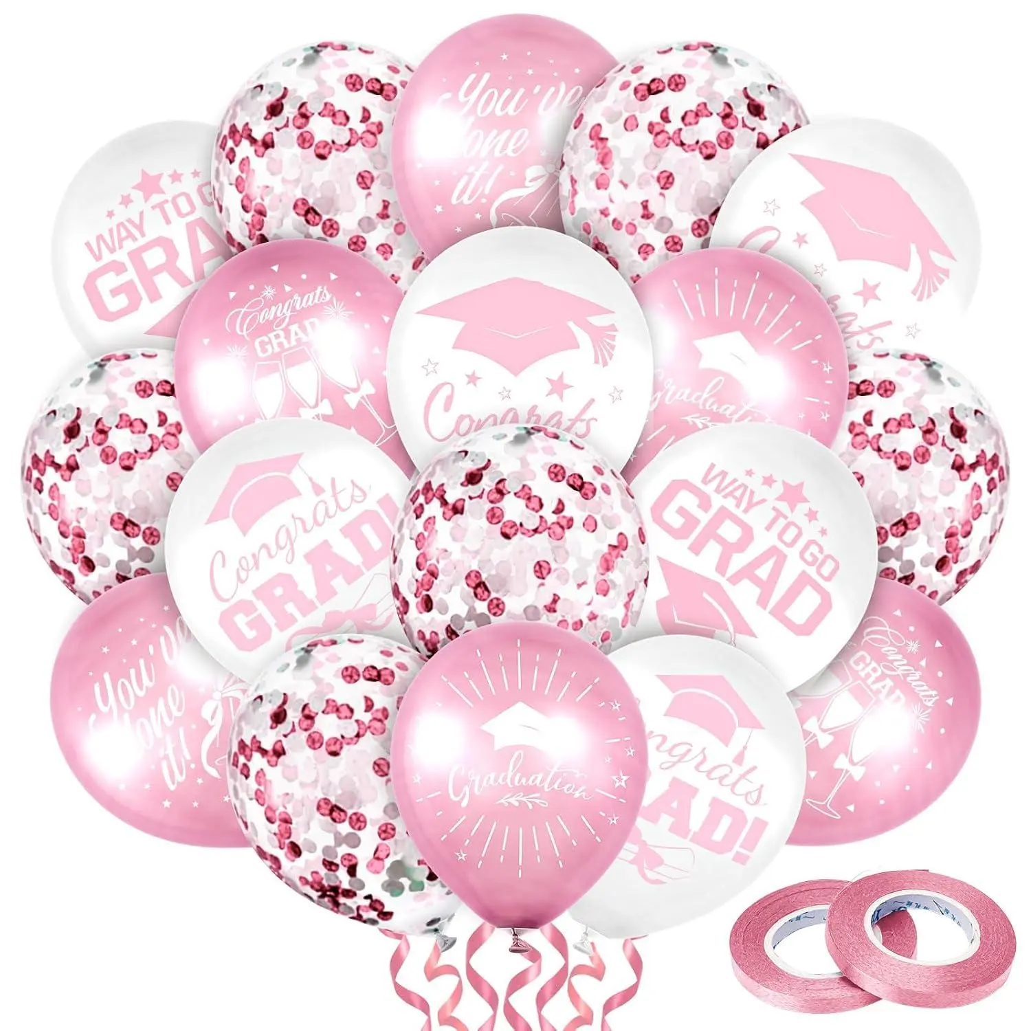 60Pcs Graduation Party Balloon Set 7 Designs Confetti Latex Balloon With 2 Rolls Ribbon Grad Cap Congrats Grad Balloon For Graduation Party Decoration Supplies (Pink, White)