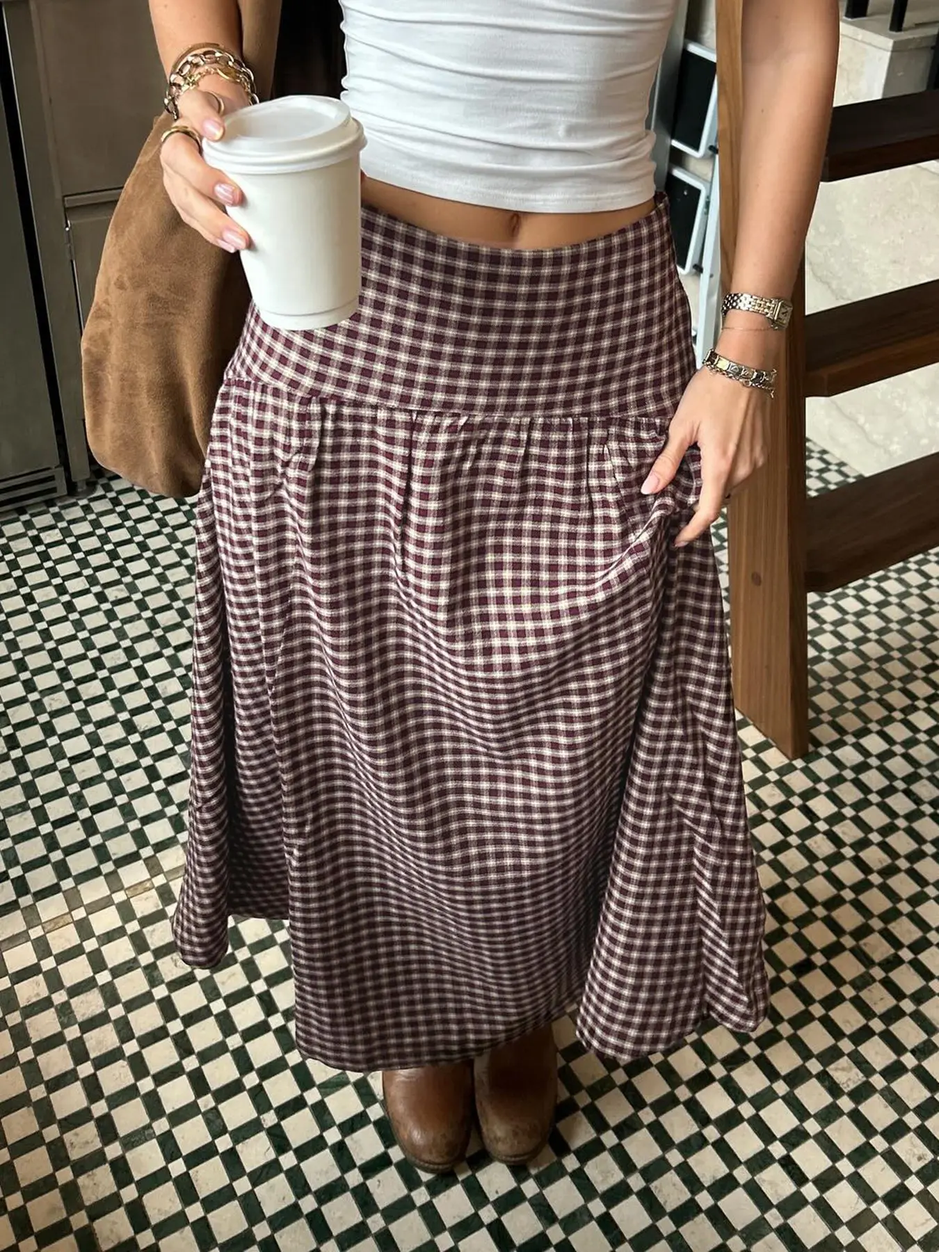Vintage Academical Style Classic Gingham Loose High Waist A-Line Skirt for Women, Vintage Pattern Skirt, Casual Midi Skirt, All Seasons, Loose-Fitting