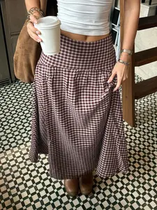 Vintage Academical Style Classic Gingham Loose High Waist A-Line Skirt for Women, Womenswear, Clothes, Bottoms, Casual Midi Skirt, All Seasons, Loose-Fitting