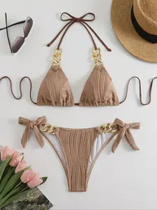 Women's Plain Tie Side Bikini Set, Casual Fashion Chic  Swim Top & Swim Bottom Two-piece Swimsuit for Beach Holiday Vacation, Ladies Swimwear for All Seasons