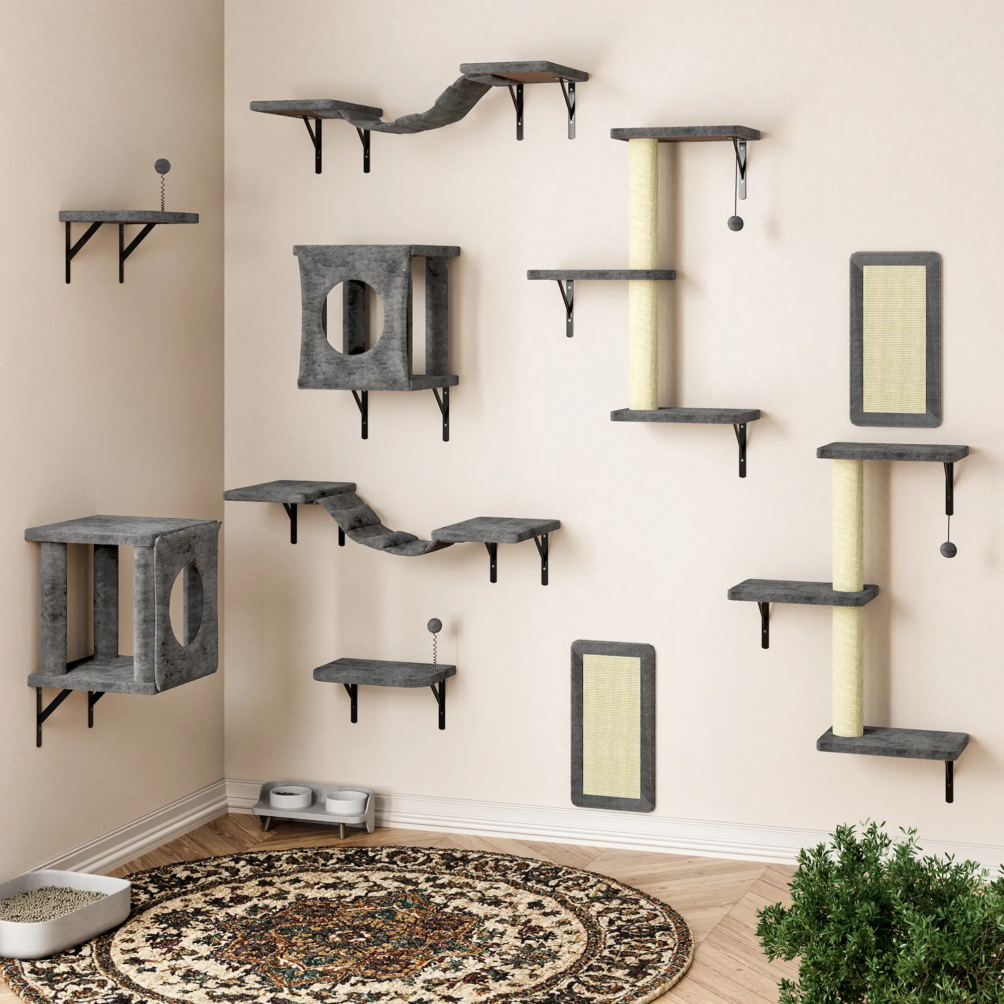 10 Piece Cat Wall Furniture Set,Cat Wall Shelves, Indoor Cat Climbing Shelf with Cat Hammock, Cat Scratching Post, Cat Jumping Platform, Cat Scratchi