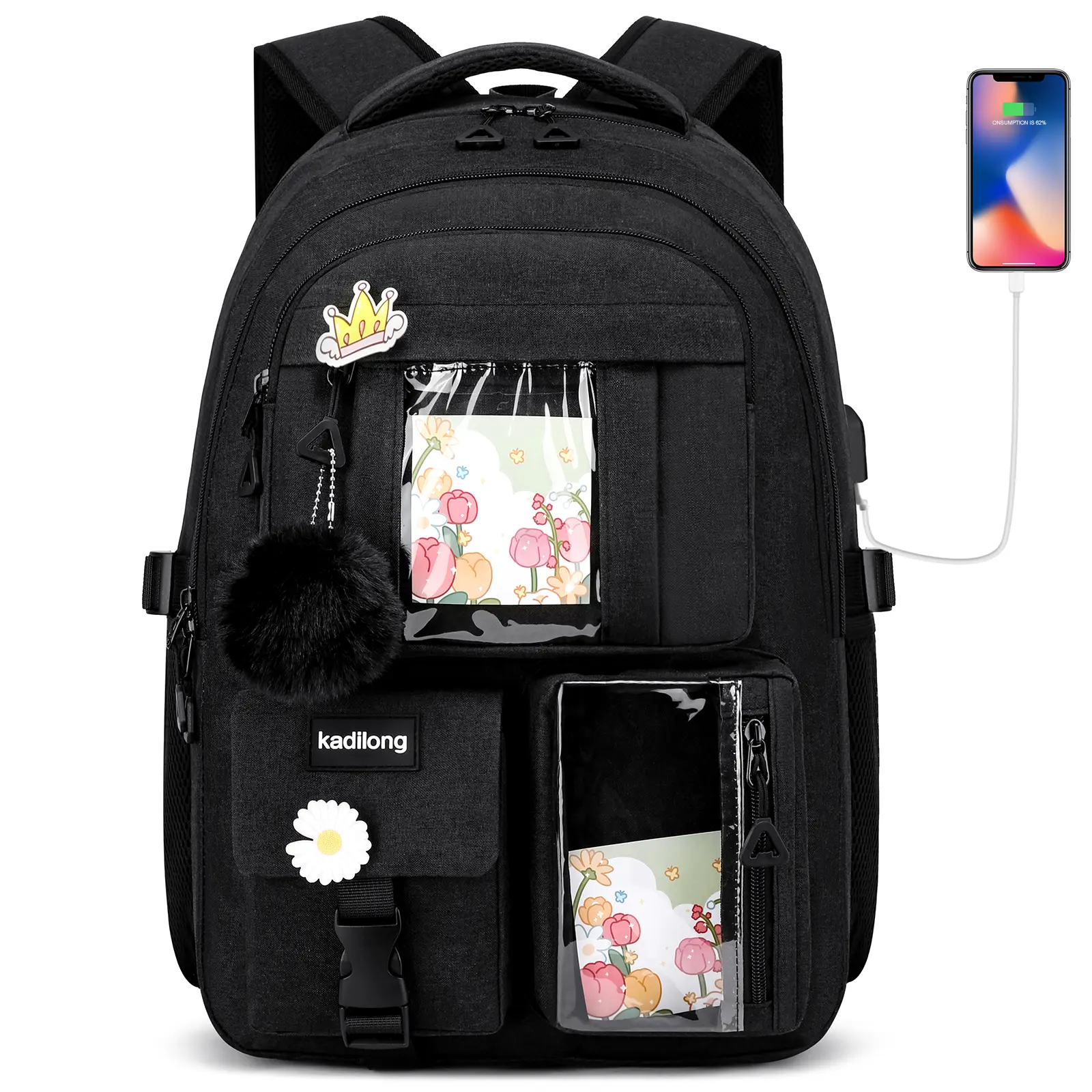 Cute Aesthetic Backpack for Teen Girls, 15.6 Inch Laptop Backpack with USB Charging & Free Pom Pom Gift, Water Resistant School Travel Backpack tiktokshopspringglowup