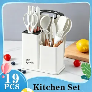 19-Piece Kitchen Knife Set, made of high-carbon stainless steel with a sharp blade. The set includes a serrated steak knife set, chef's knife, bread knife, scissors, sharpening steel, and knife block, featuring an all-in-one storage design.