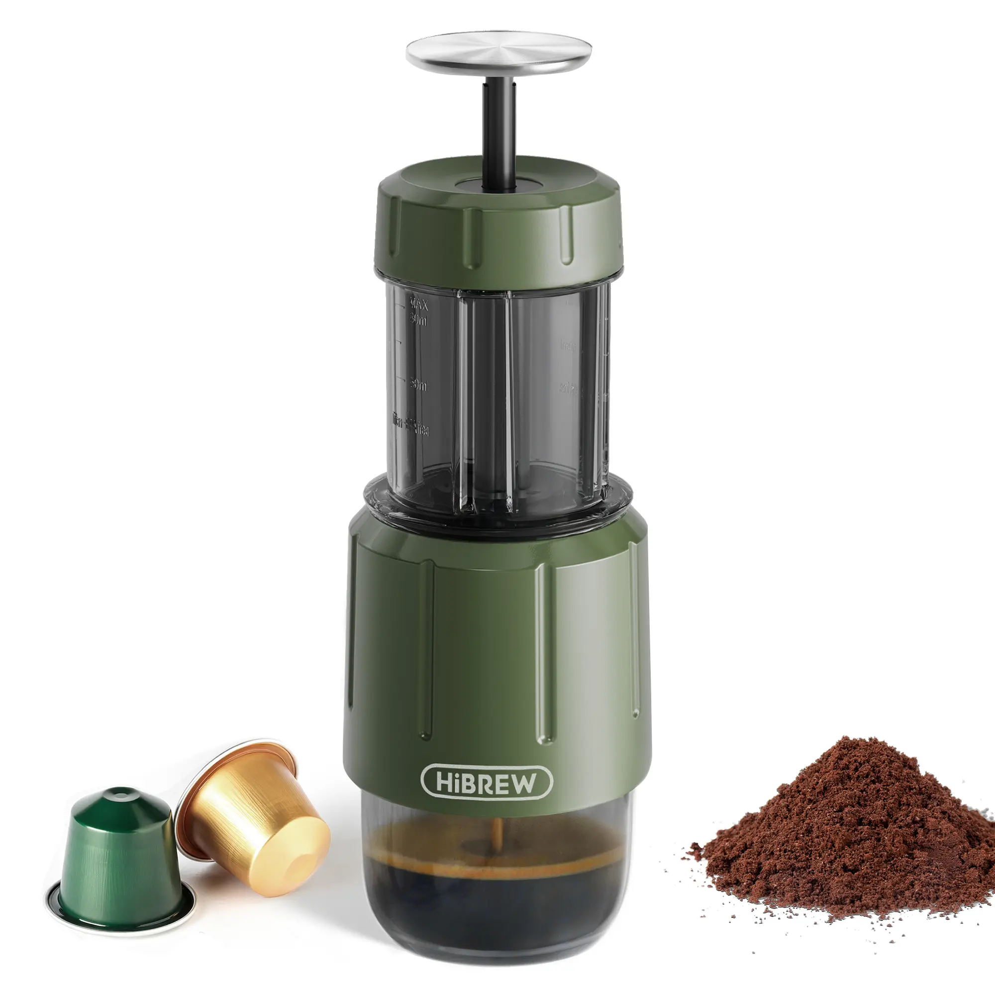 HiBREW H4D Manual Portable Espresso Coffee Maker - 2-in-1 Capsule & Ground Coffee Compatible Machine for Camping, Travel, Capsule Coffee Machines