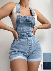 American Vintage Light Blue Denim Backless Overalls Shorts, High-Waisted Roll-Up Hem Slimming Casual Style, Loose-Fitting Women's Summer Wear