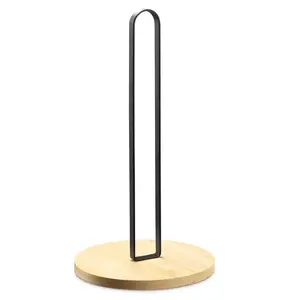 Paper Towel Holder with Non-Slip Wooden Base & Sleek Black Metal Rod – Portable Freestanding Countertop Organizer - Fits All Roll Sizes - Perfect for Kitchens, Bathrooms, and Offices