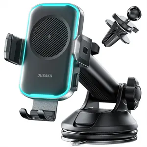 JUSAKA Wireless Car Charger 15W Fast Charging Auto Clamping LED Car Phone Holder Adapter Compatible with iPhone Samsung Galaxy Series Smartphone 3-in-1 Mount Adjustable Foldable Metal Cellphone Electronic