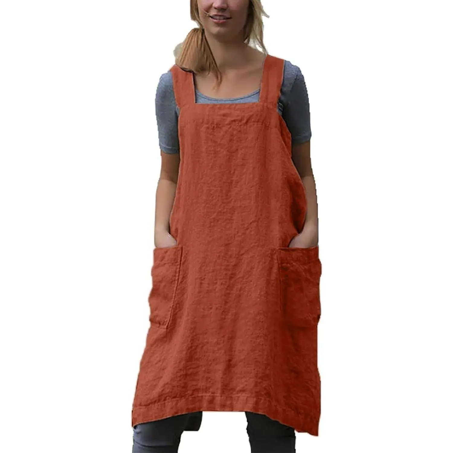 Women's Cotton Linen Cross-Back Apron with Pocket, Comfortable Kitchen Pinafore for Baking, Cooking, Gardening Work