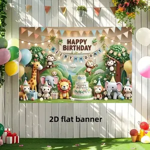2D Flat 1pc Cartoon Jungle Animal Happy Birthday Backdrop Banner, Cute Monkey Giraffe Lion Cake Photography Background, Ideal for Kids Wild One Birthday Party, Baby Shower, Toddler Photo Booth Decor, Multiple Sizes Available