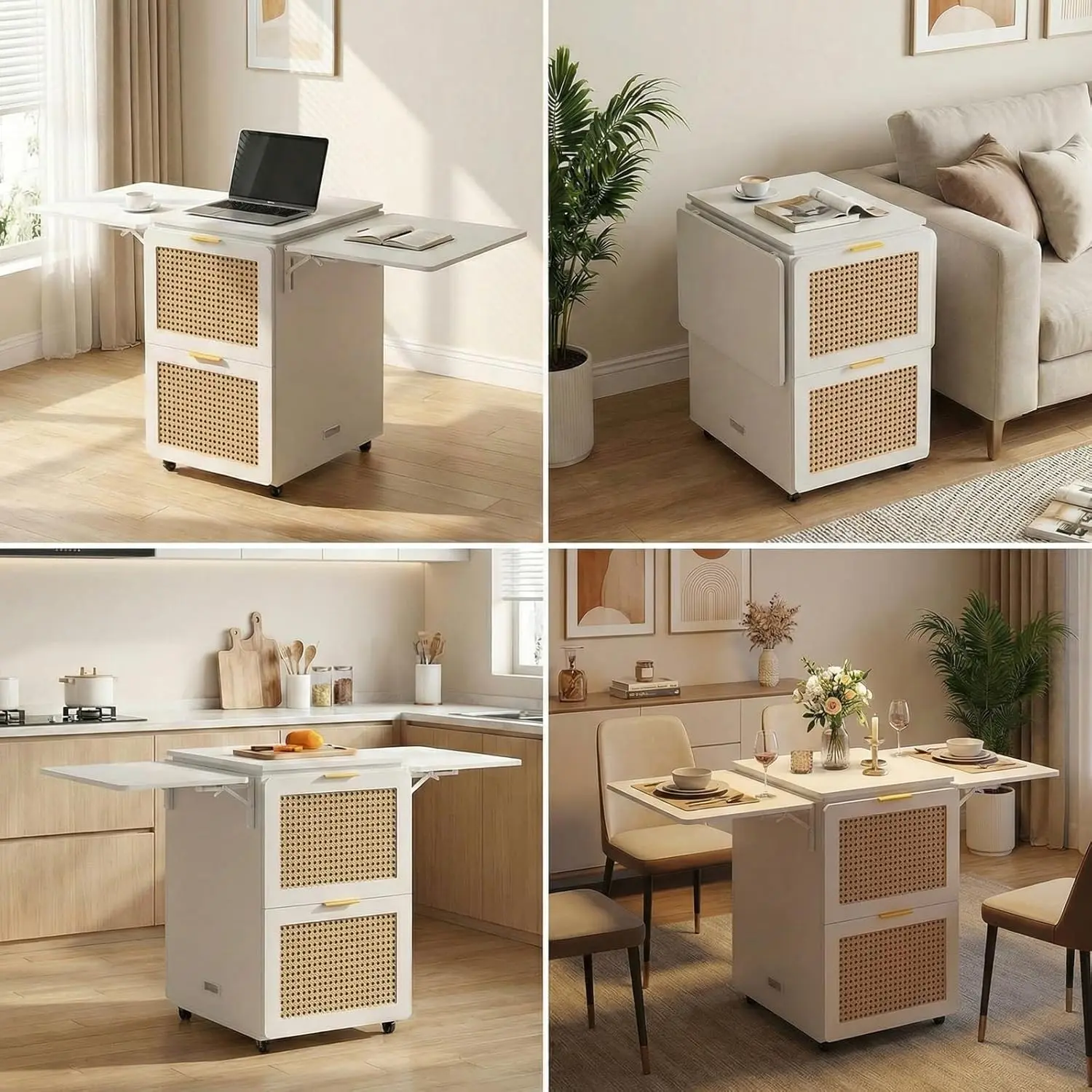 ModernMate 62.7in 360-Rotatable Adjustable Rolling Office Desk with Drawers - Foldable, 4-Drawer Compact Cabinet Organizer, Built-in Charging Station, Wheels for Small Spaces Home Office Furniture, Work from Home Space-Saving Solution, Storage Organizer