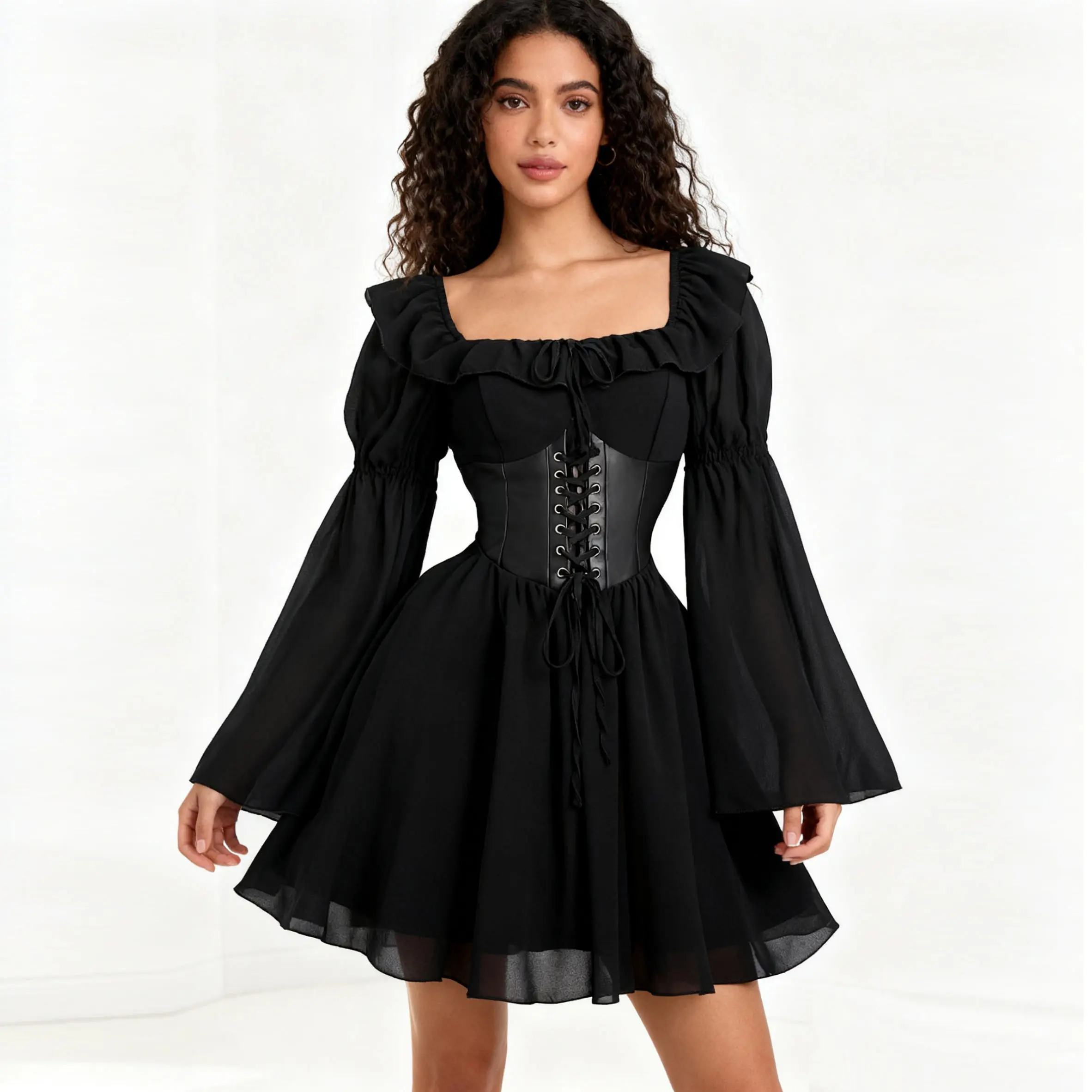Vintage gothic square neck puff sleeve dress for parties and date nights with a waist belt, black, brown women's fashion Elegant black dress