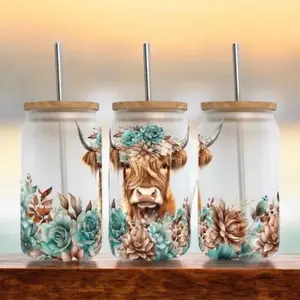 Highland Cow and Flowers Drinkware Frosted Beer Can Glass Cups