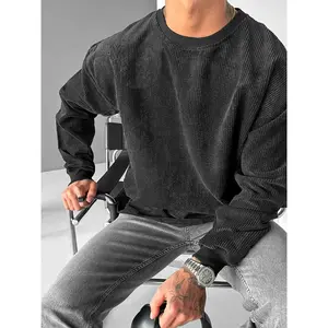 Men's Fall Winter Fashion Crew Neck Texture Fabric Sweatshirt, Casual Plain Design, Short Length, Fitted Style, Moderate Thickening