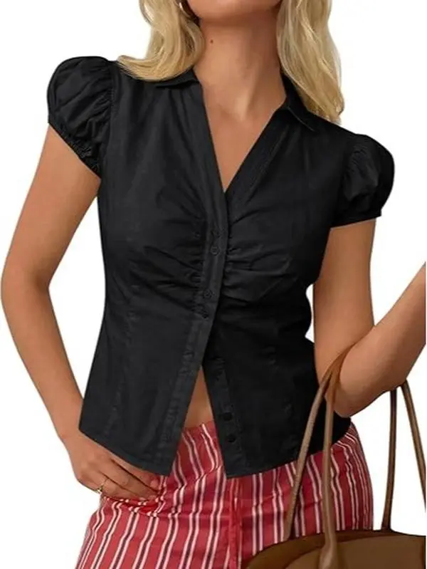 Imily Bela Puff Sleeve Blouse Short Sleeve Button Down with V Neck & Ruched Detail | TikTok Summer Top