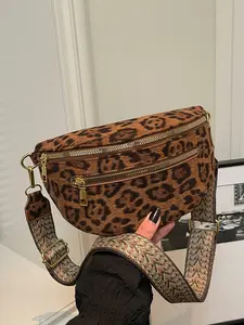 Retro light luxury leopard print single shoulder crossbody bag, adjustable woven shoulder strap, double zipper pocket design, casual simple waist bag, suitable for dates and parties, Casual crossbody bags