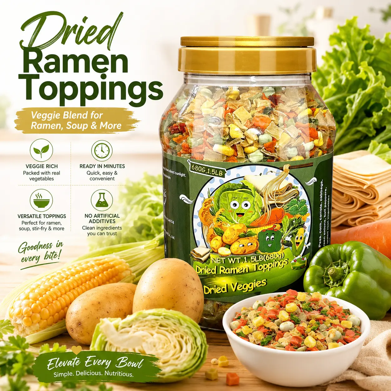 24oz Mixed Ramen Toppings Dehydrated Soup, 680g All Natural Vegetable, 9 Freeze Dried Veggies for Noodles, Soups, Camping, and Emergency Food, Dry Vegetable Flakes, Vegan