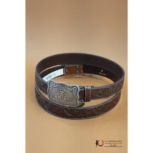 ARIAT UNISEX BELT HAND TOOLED DARK BROWN SILVER BUCKLE- A1020467